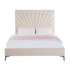 Queen velvet platform bed with tall tufted headboard in beige, featuring soft pink and white bedding for a modern bedroom look.