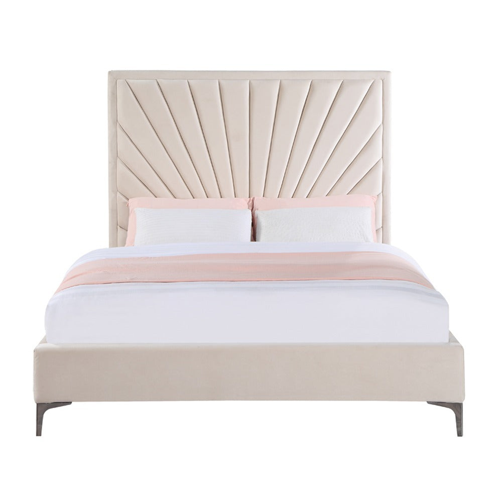 Queen velvet platform bed with tall tufted headboard in beige, featuring soft pink and white bedding for a modern bedroom look.