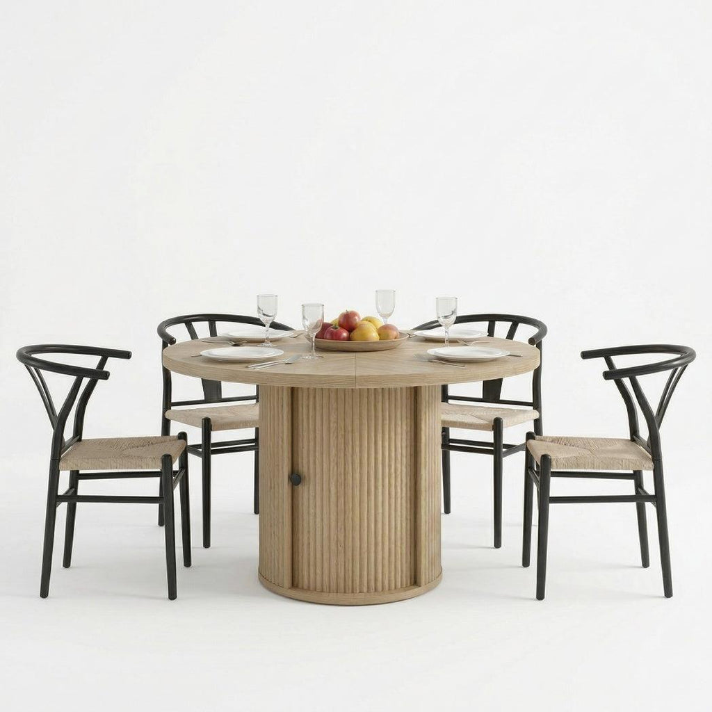 Black Woven Dining Chairs Set with Roman Column Table.