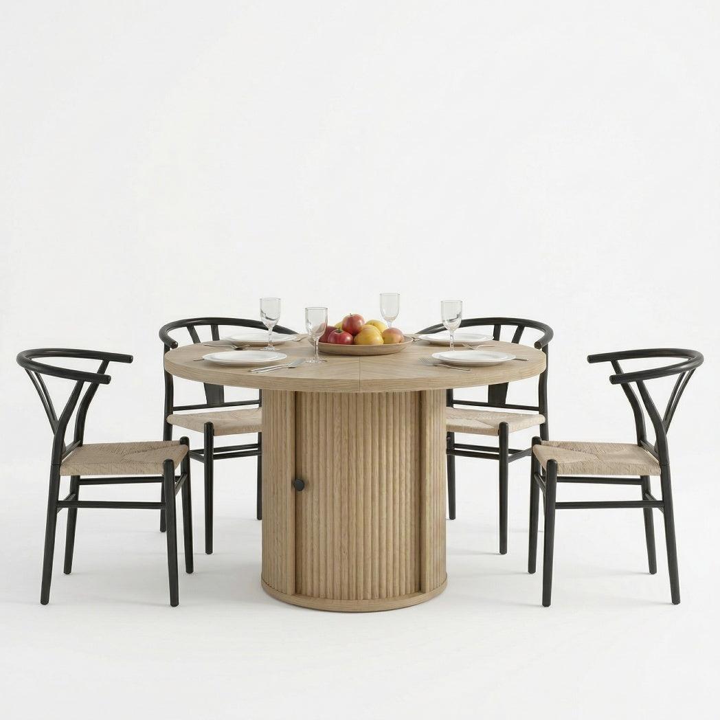 Black Woven Dining Chairs Set with Roman Column Table.