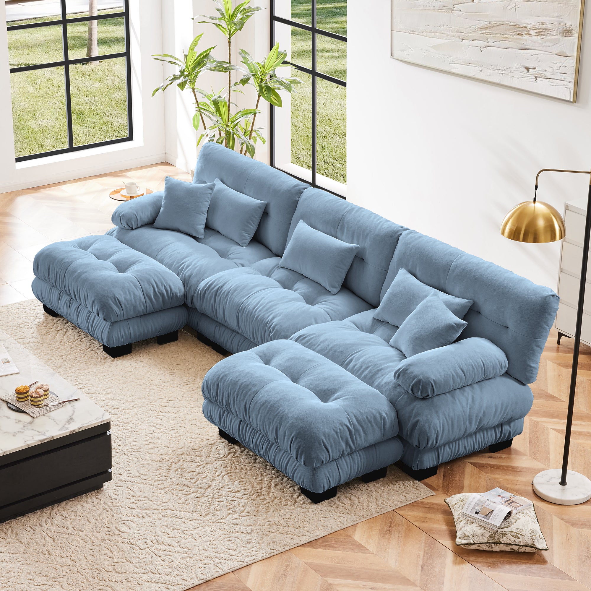 Oversized Blue Chenille U-Shaped Cloud Sectional Sofa with Ottomans