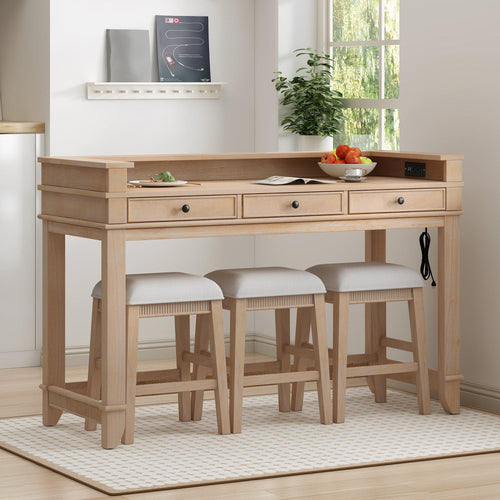 TREXM 4-Piece Dining Table Set for 3, Retro Kitchen Table and Chairs Set with 3 Storage Drawers, Ideal for Small Spaces (Natural).
