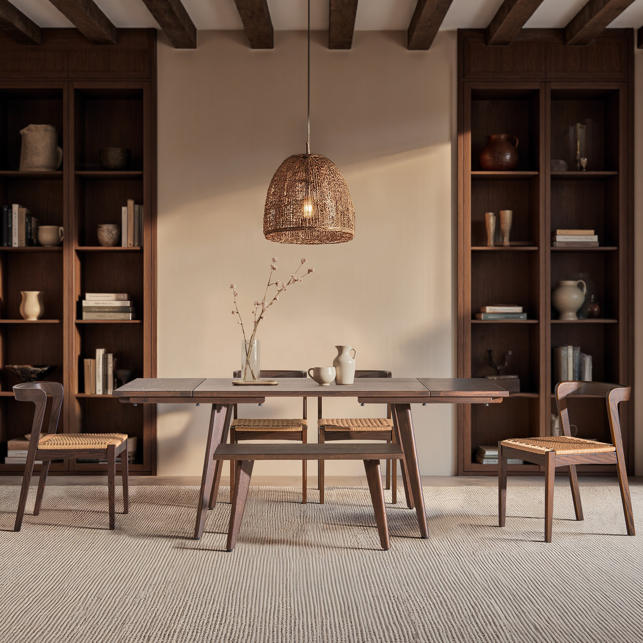 Red Oak Wood Bench - Capri 35.5' used in a modern dining room with matching wood furniture and neutral decor. Perfect for stylish seating.