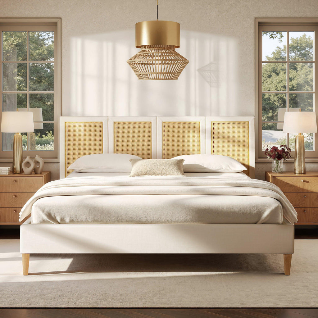 Toscana King Upholstered Cane Bed, Antique White.