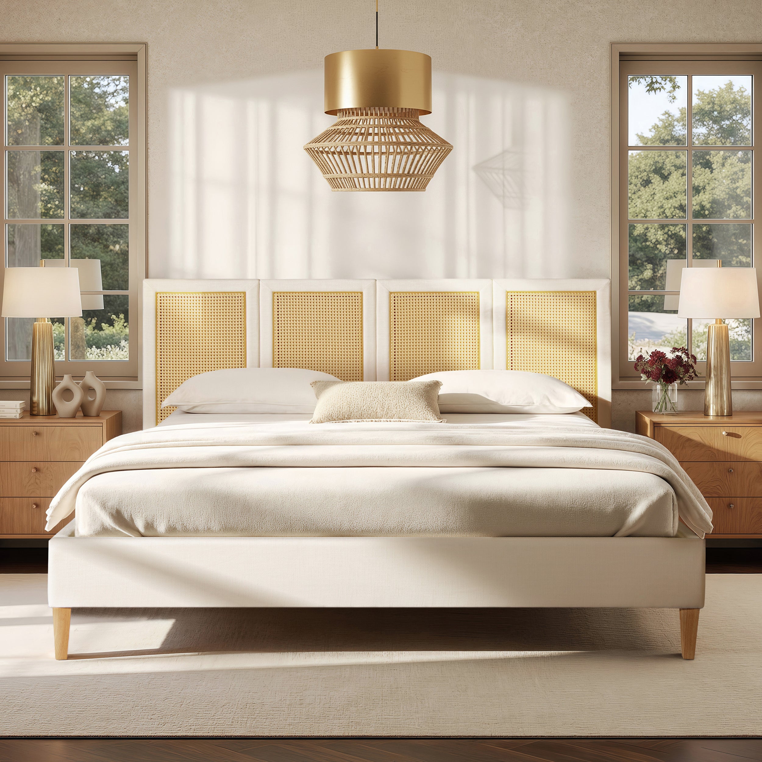 Toscana King Upholstered Cane Bed in antique white with natural rattan headboard, styled in a coastal bedroom with gold pendant lighting.