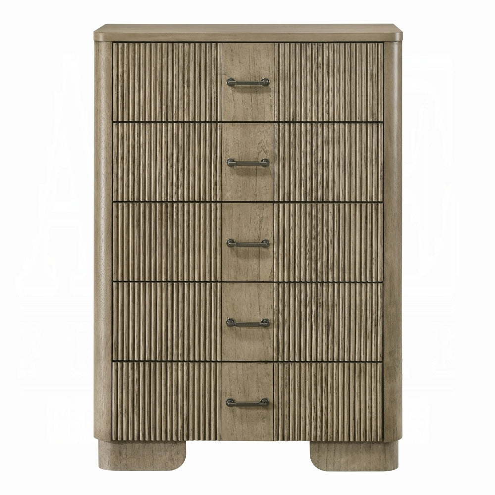 Front view of Transitional Oak Chest with 5 Drawers - Bedroom Storage, showcasing antique oak finish and sleek metal handles.