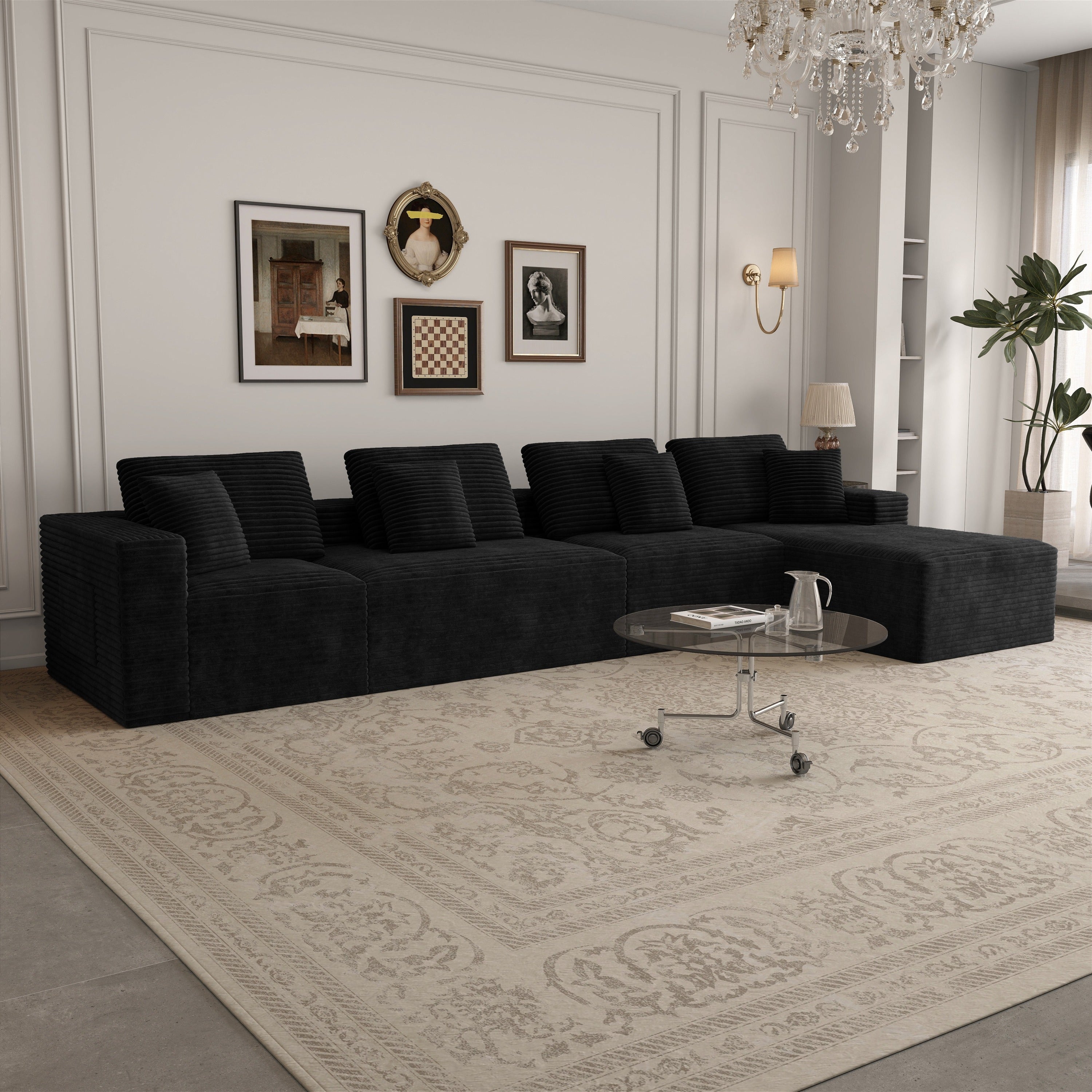 Black Corduroy 6-Piece Modular Sectional Sofa, No Assembly Required