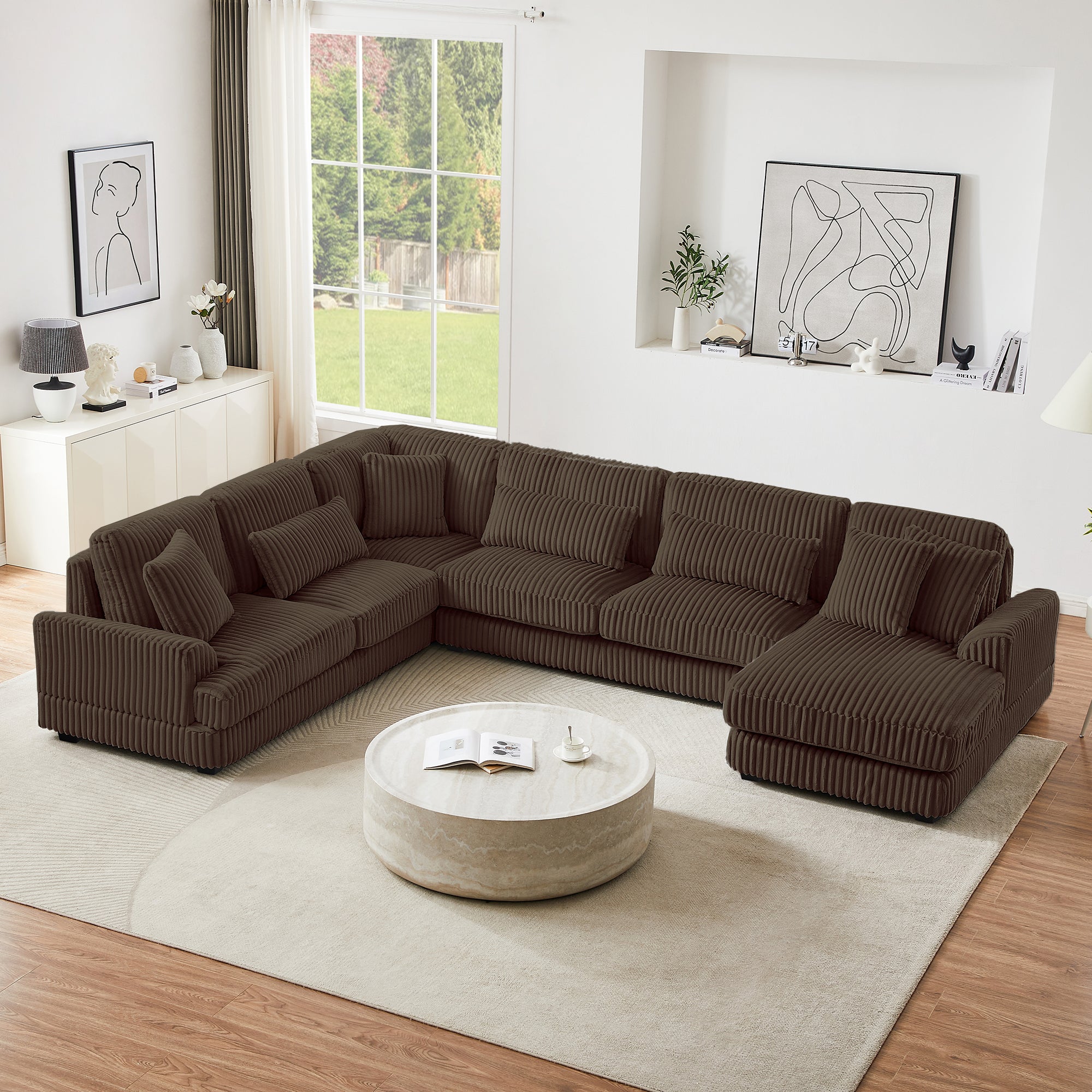Modern Oversized U-shaped Sectional Sofa with Chaise Lounge, Brown Corduroy Upholstery, 129 inches