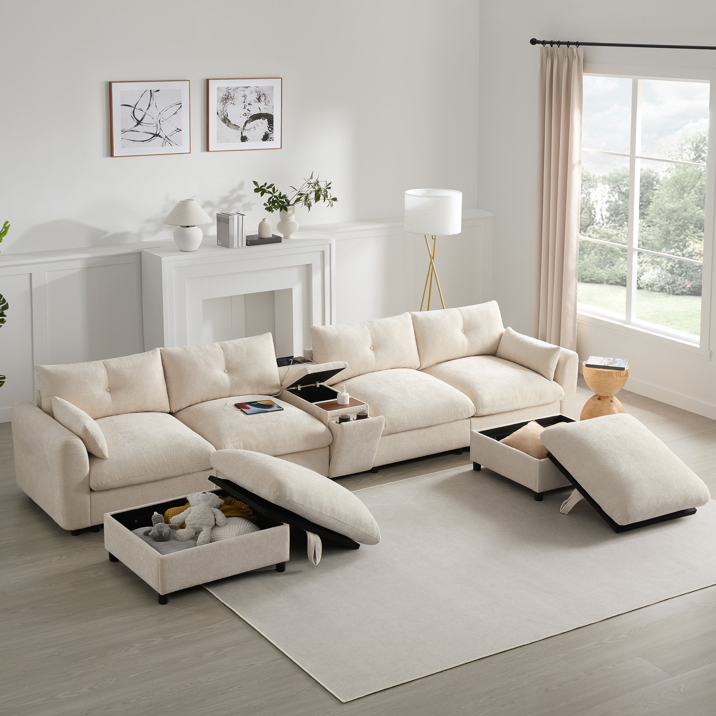 Modular sectional sofa with open storage ottomans and console, showcasing spacious compartments for pillows and accessories.
