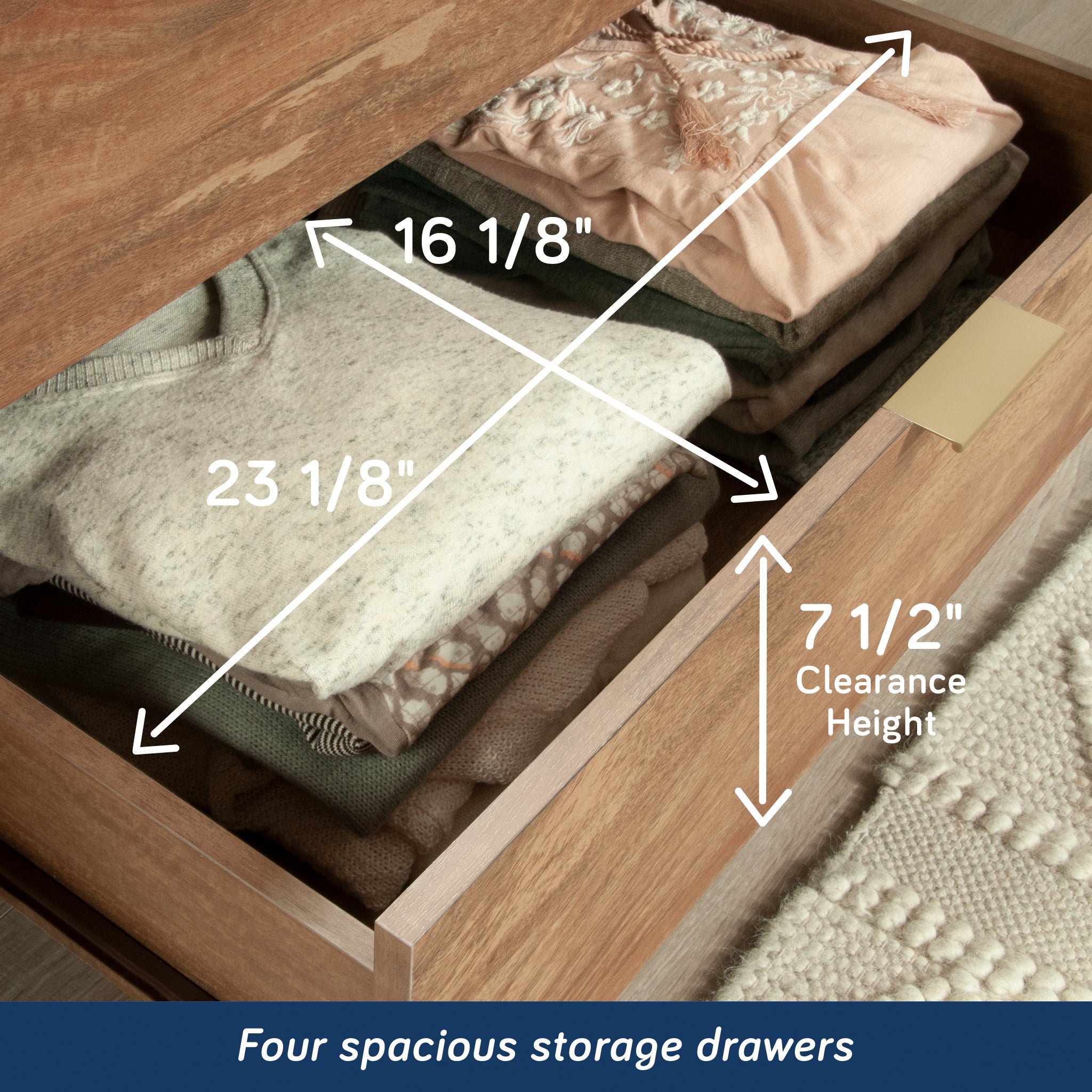 Interior view of brown dresser drawer showing spacious storage dimensions ideal for folded clothes and accessories.