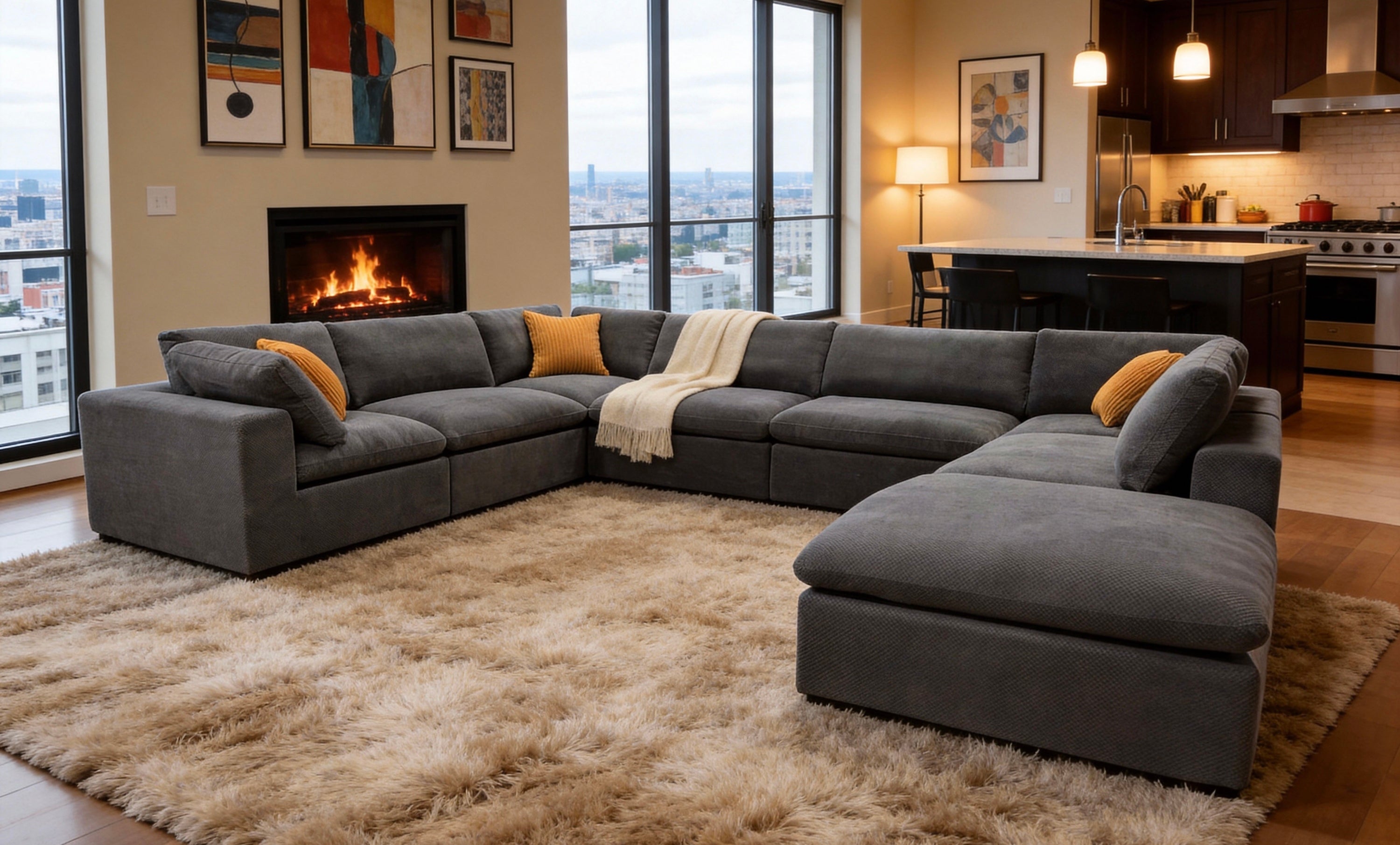 Large, charcoal grey modular sectional sofa with textured upholstery, accent pillows, and cream throw on a shaggy rug.