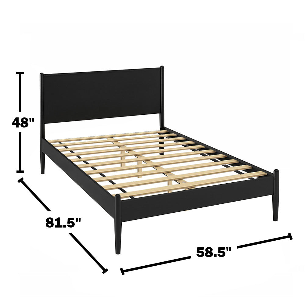 Dimensions of Mid-Century Modern Platform Bed in matte black: 48 inches high, 81.5 inches long, and 58.5 inches wide with wooden slats.