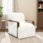 Contemporary Style 1pc Accent Chair Long Soft Faux Fur Retro Inspired Curve Wooden Arms Tight Seat And Back White Finish Primary living Room