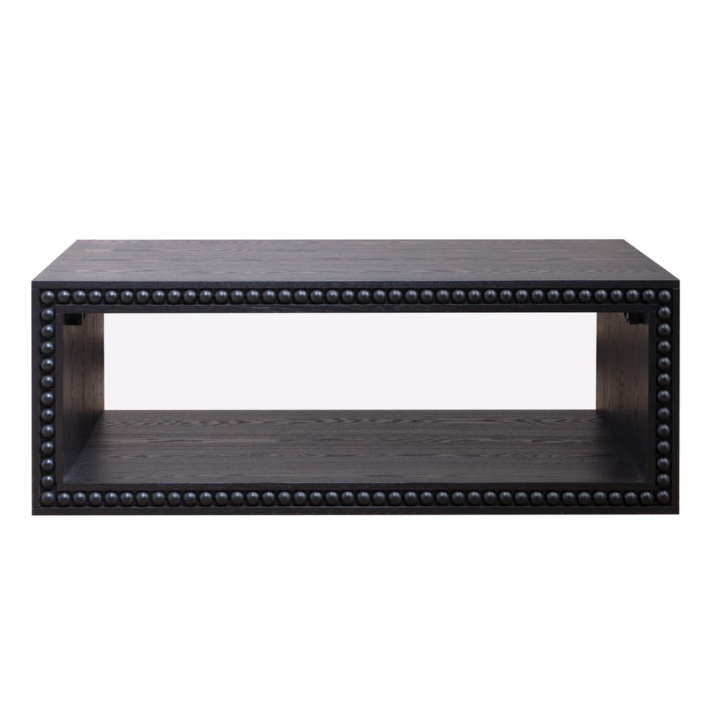 Front view of Black Beaded Coffee Table with Storage Shelf showcasing its solid black finish and beaded edge detailing.