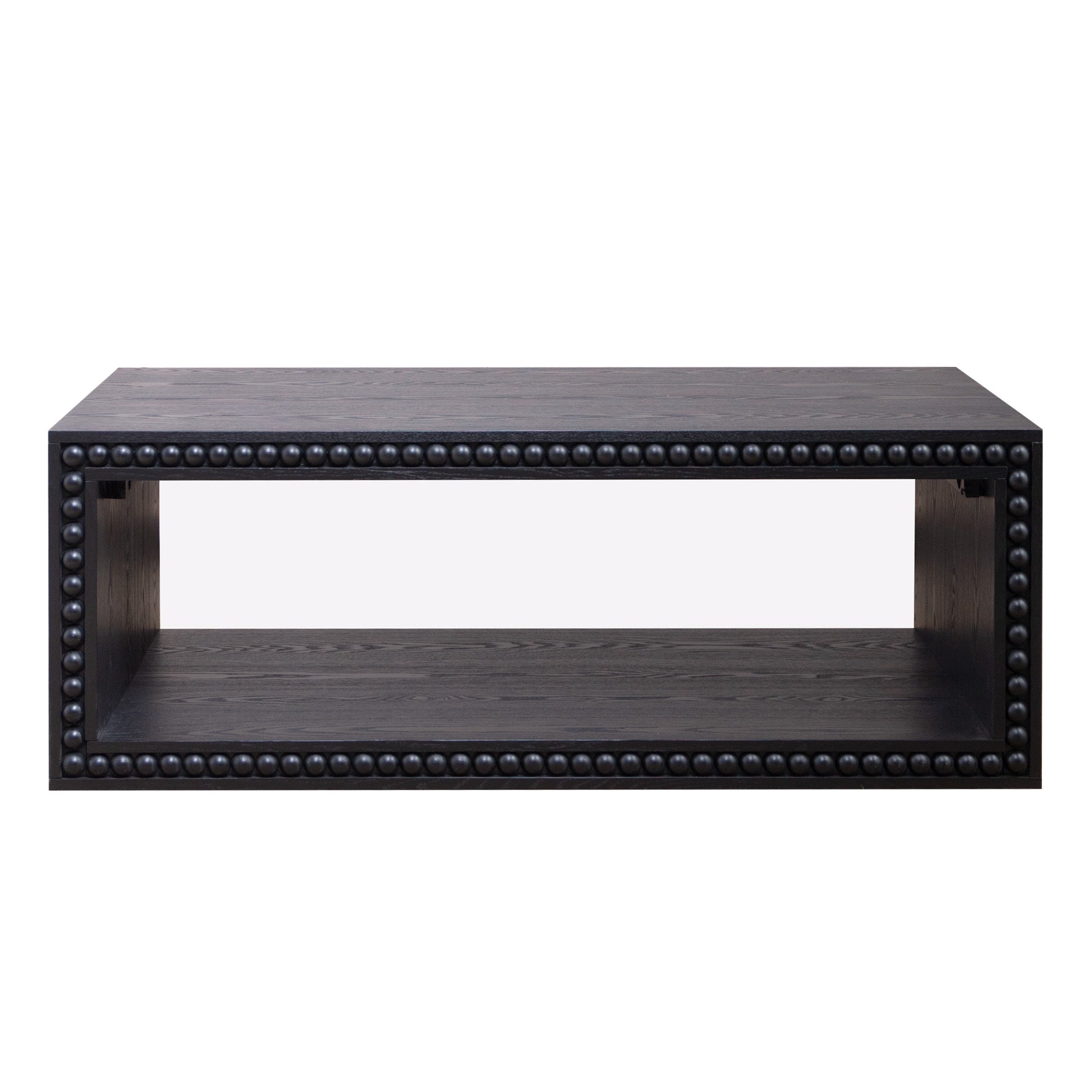 Front view of Black Beaded Coffee Table with Storage Shelf showcasing its solid black finish and beaded edge detailing.