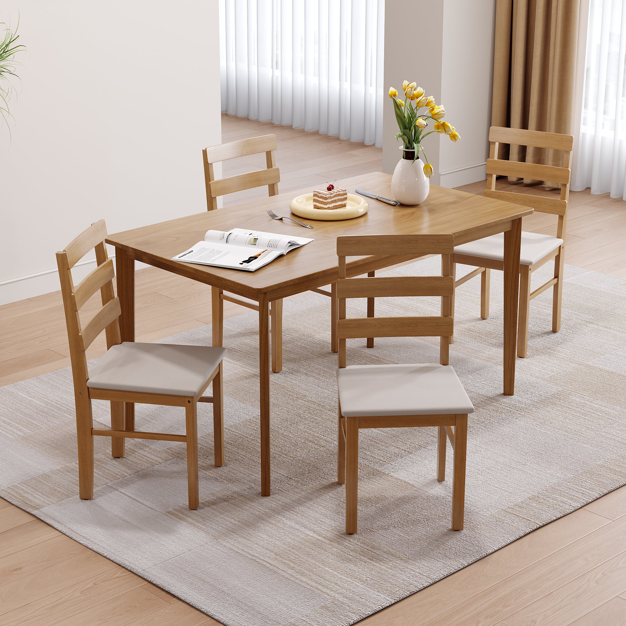 Angled view of solid wood dining table set with 4 chairs. Showcases spacious tabletop and cushioned seating for comfort.