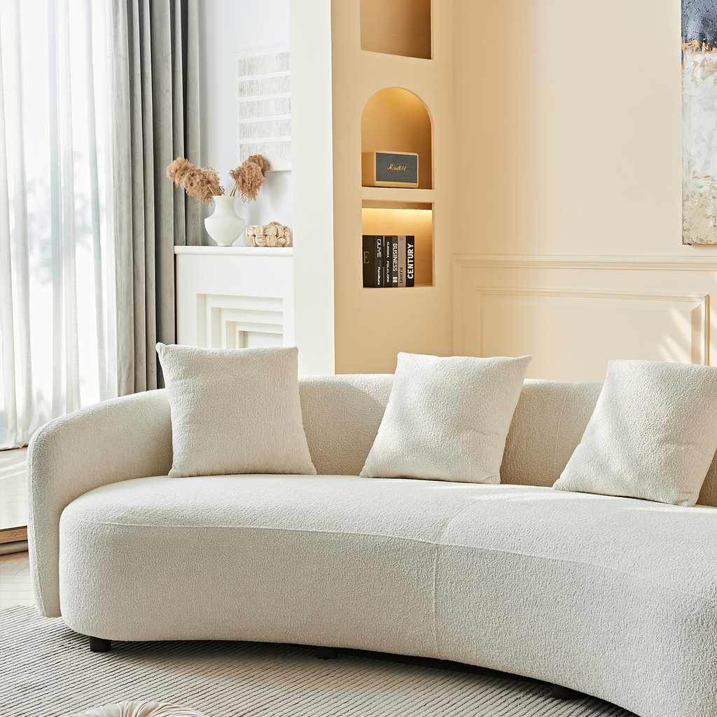 Modern Curved Velvet Sofa with 4 Pillows for Living Room.