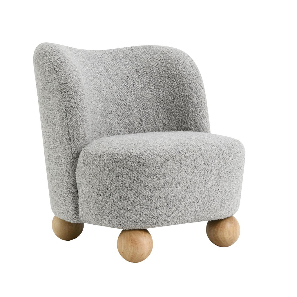 Gray boucle fabric accent chair with minimalist design and rounded wood legs, ideal for contemporary living room settings.