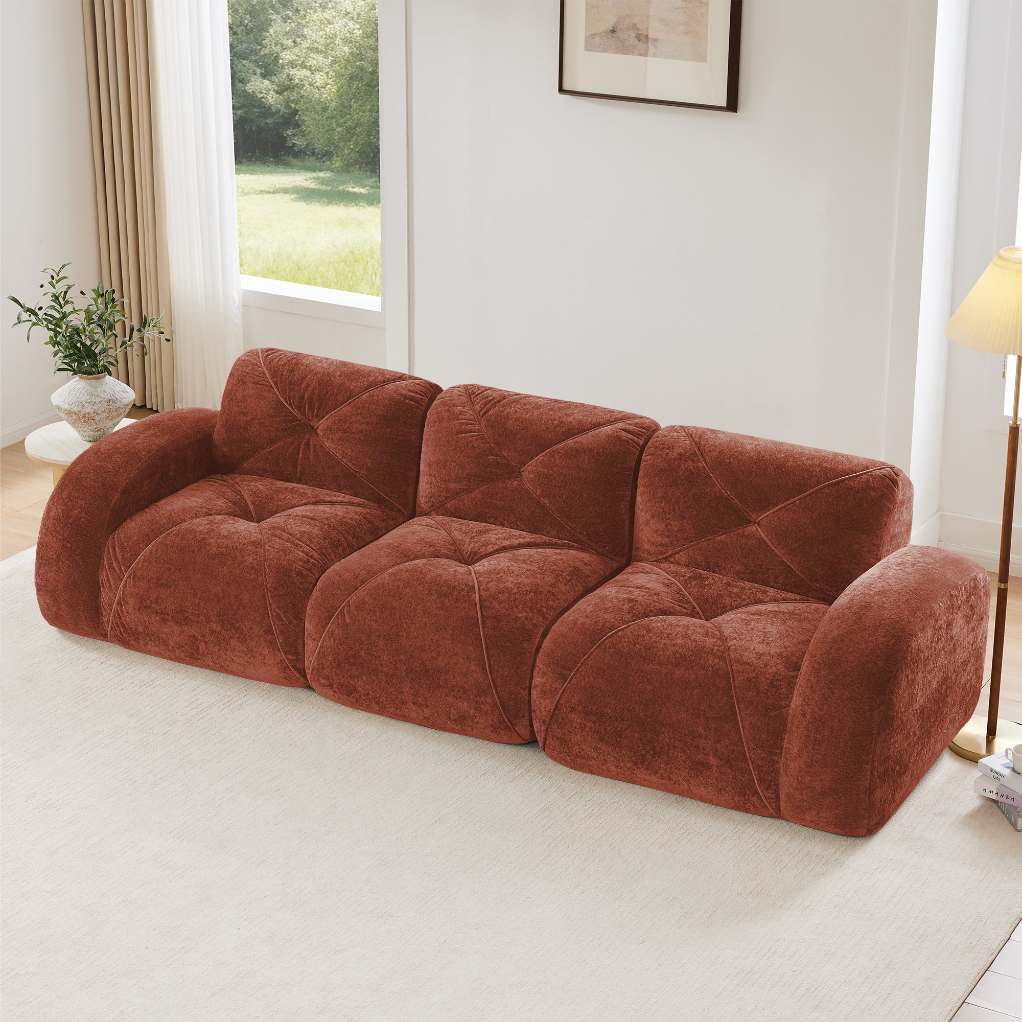 110-Inch Red Brown Velvet Modular Sectional Sofa with Tufted Detail