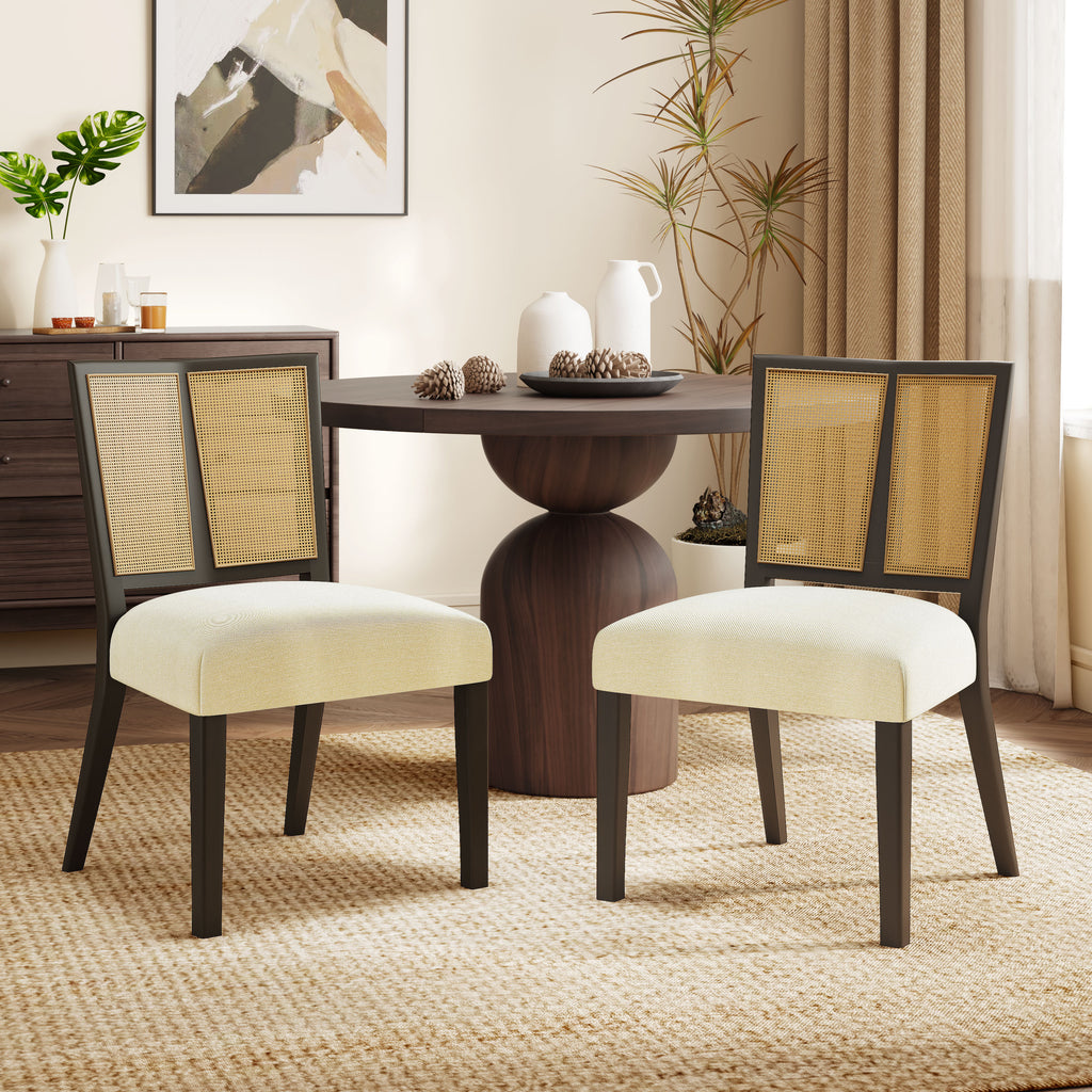 Mid-Century Rattan Dining Chair Set styled in a modern dining room with round wood table, highlighting comfort and elegant woven back detail.