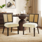 Mid-Century Rattan Dining Chair Set styled in a modern dining room with round wood table, highlighting comfort and elegant woven back detail.