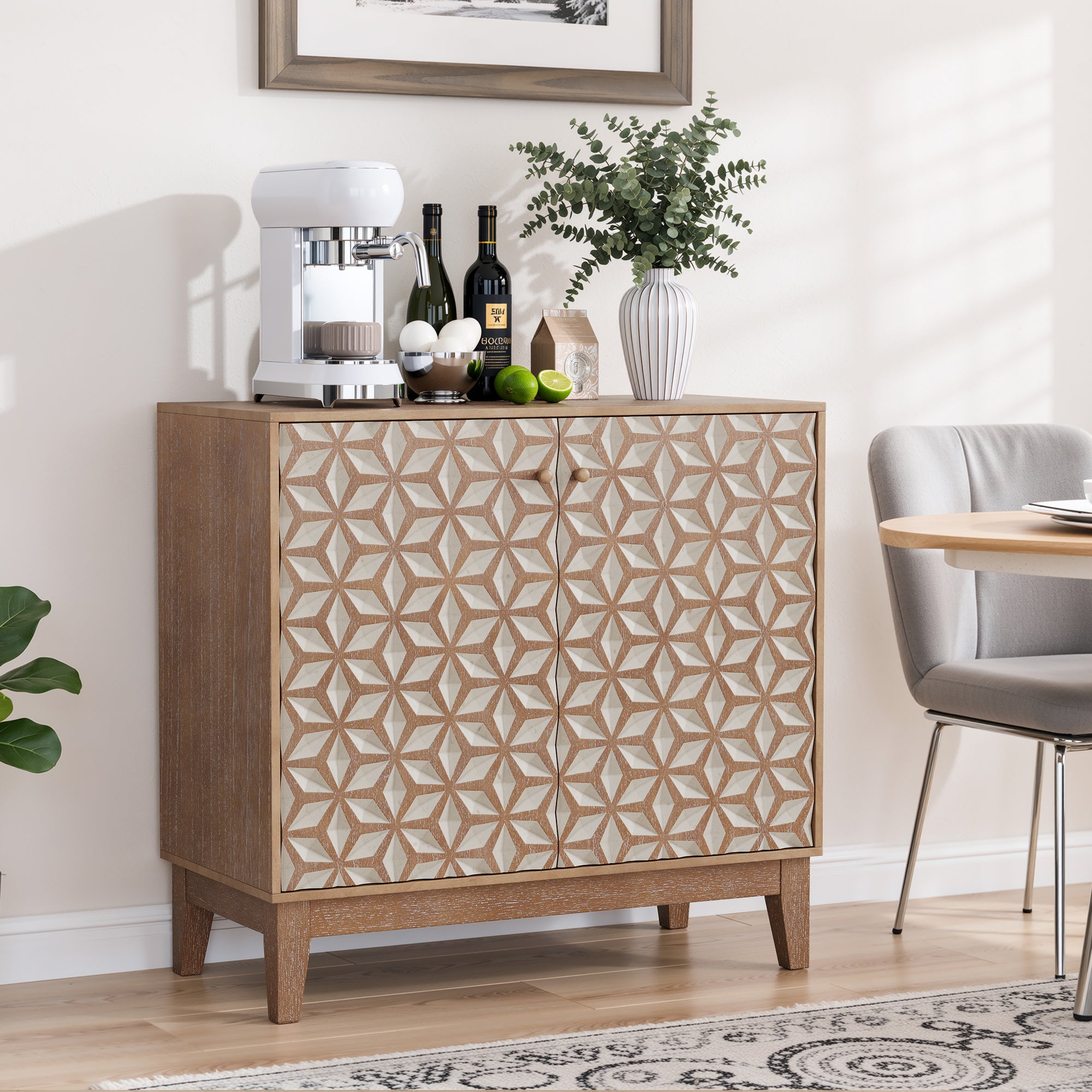 Geometric Sideboard Tangerine Walnut - 31.5" Storage Unit used as a coffee bar in a dining room, blending function with retro design.