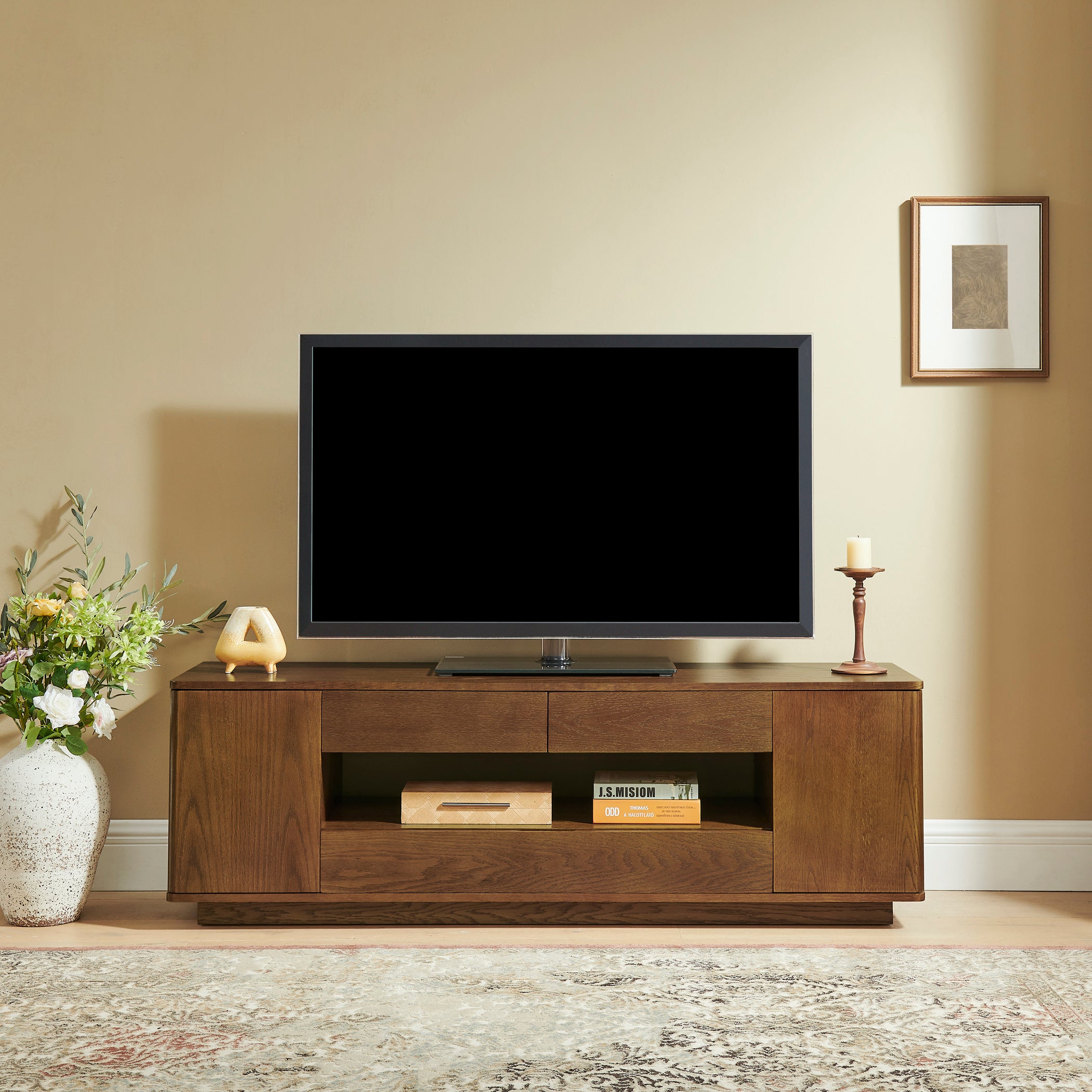 59-Inch Mid-Century Modern Walnut TV Stand with Storage Cabinets