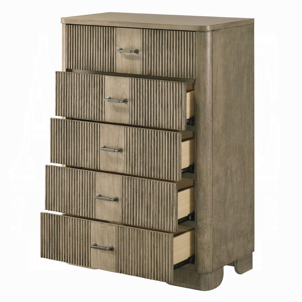 Oak Chest with 5 Drawers - Bedroom Storage with drawers open, revealing spacious interior and smooth glide mechanism.