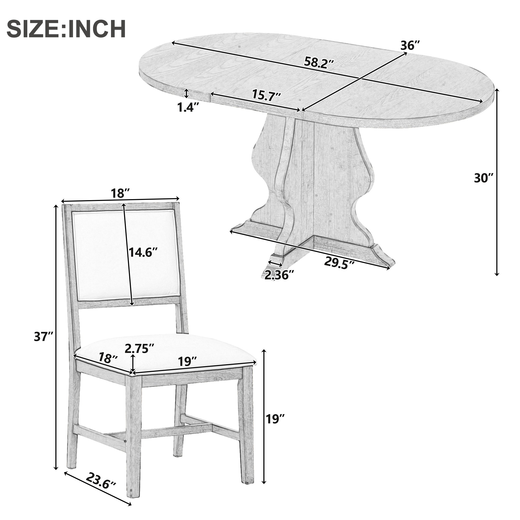 Detailed dimensions of rustic farmhouse dining table and upholstered chair, highlighting size and fit for dining room planning.