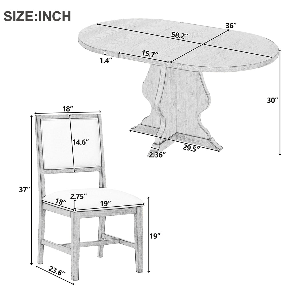 Detailed size chart of Farmhouse Dining Set showing dimensions of extendable table and upholstered chairs for accurate space planning.