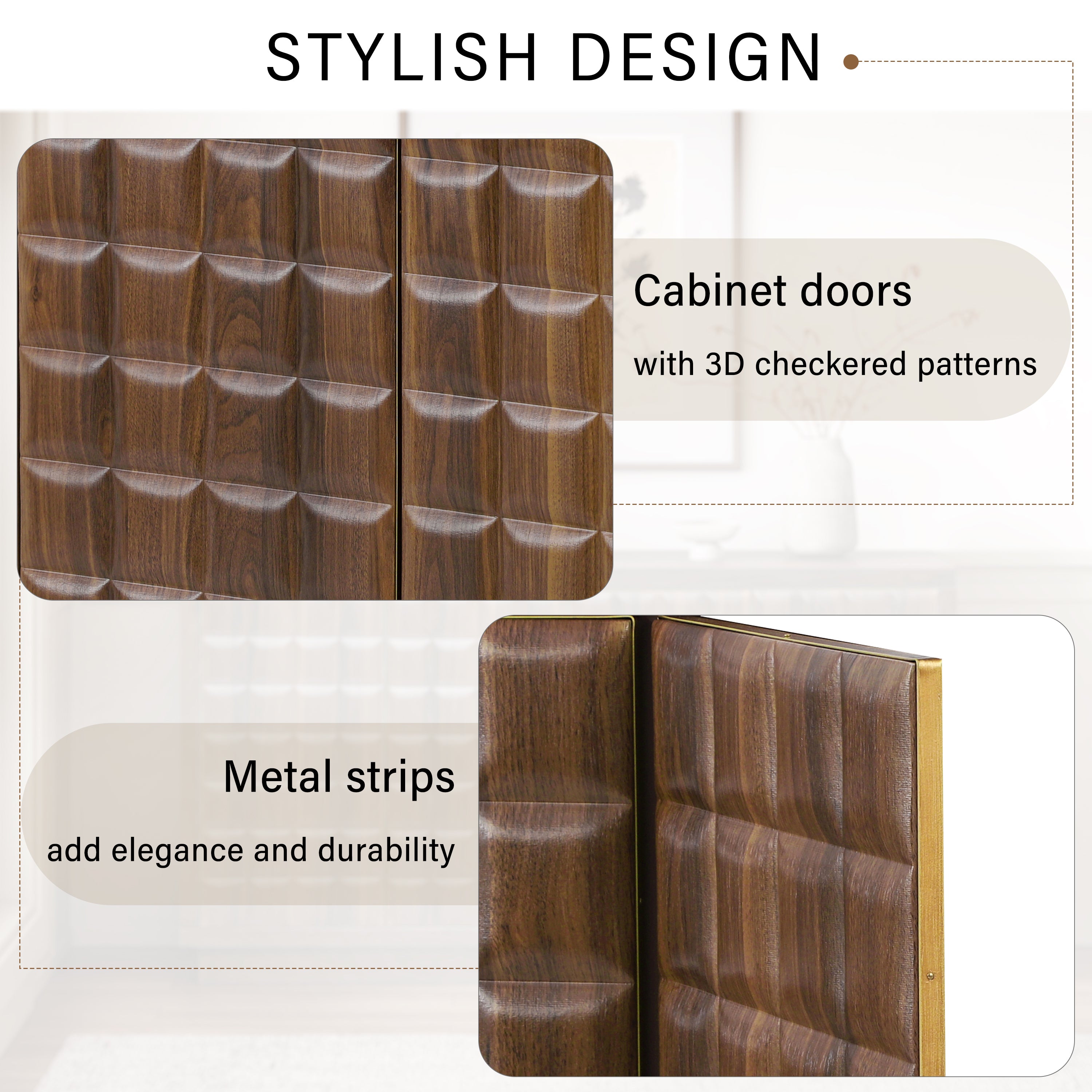 Close-up of 3D checkered cabinet doors and metal strips, highlighting the stylish design and durable construction.