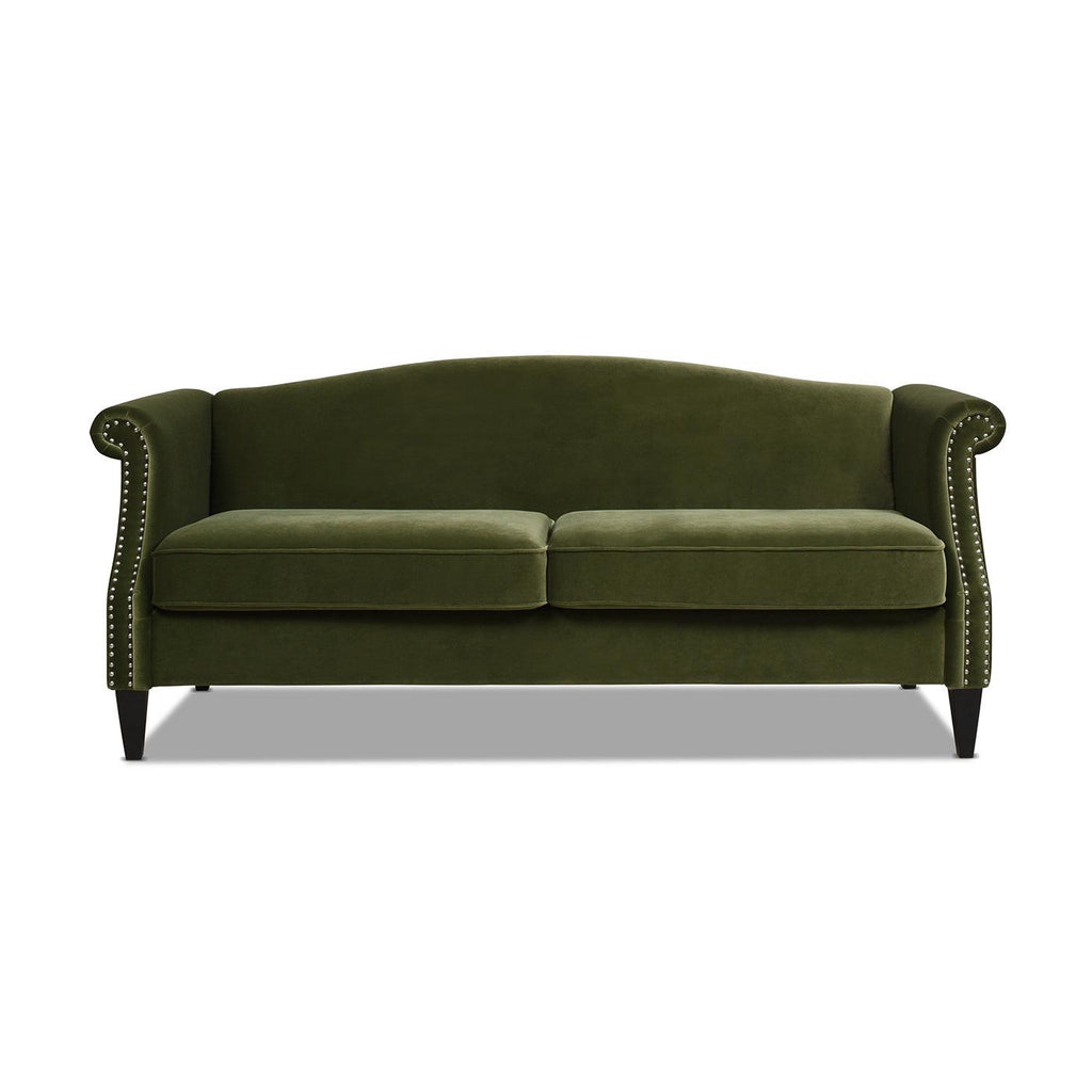 Elaine 77' Small Space Sofa in Olive Green Velvet.