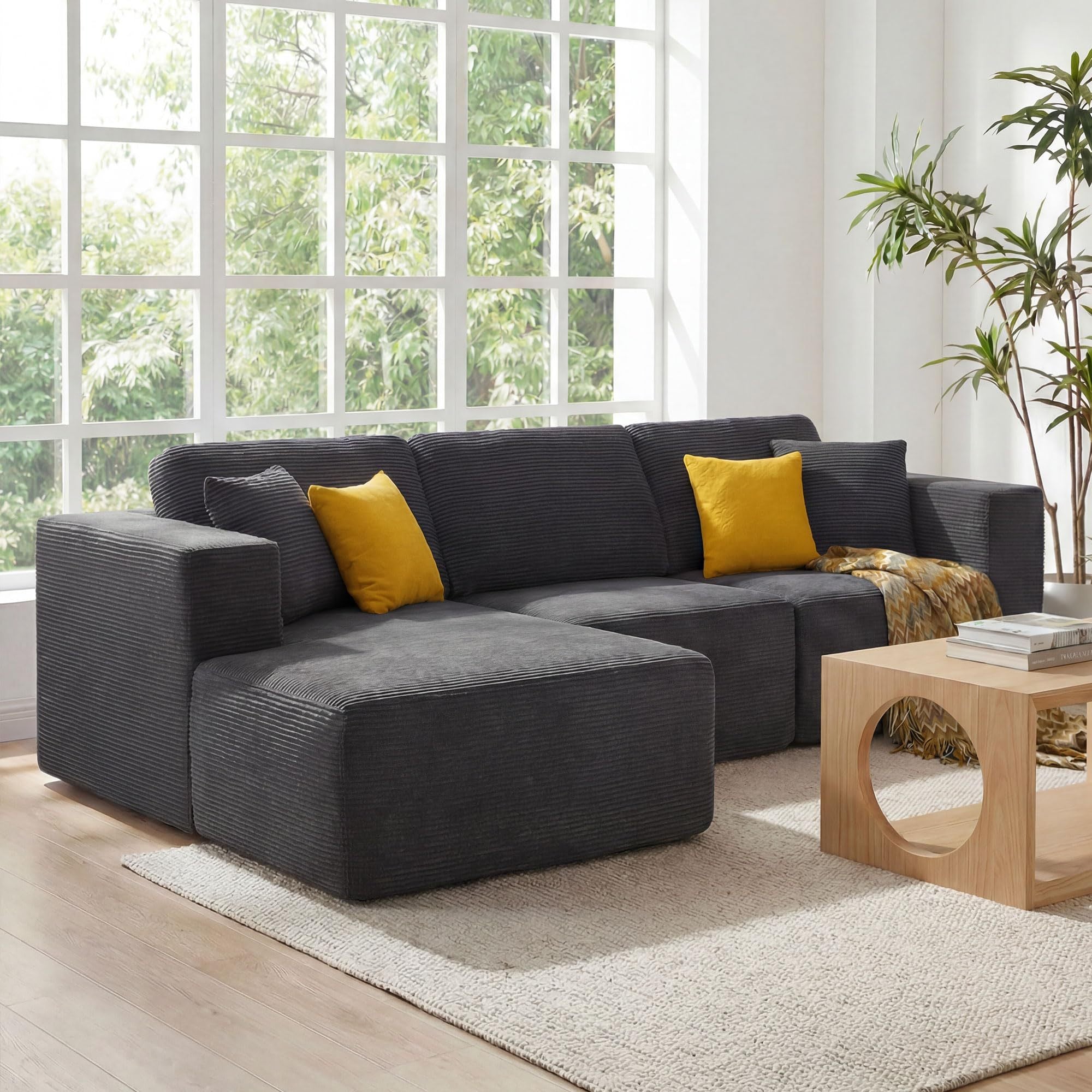 109-Inch Grey Corduroy Cloud Sectional Sofa with Oversized Chaise