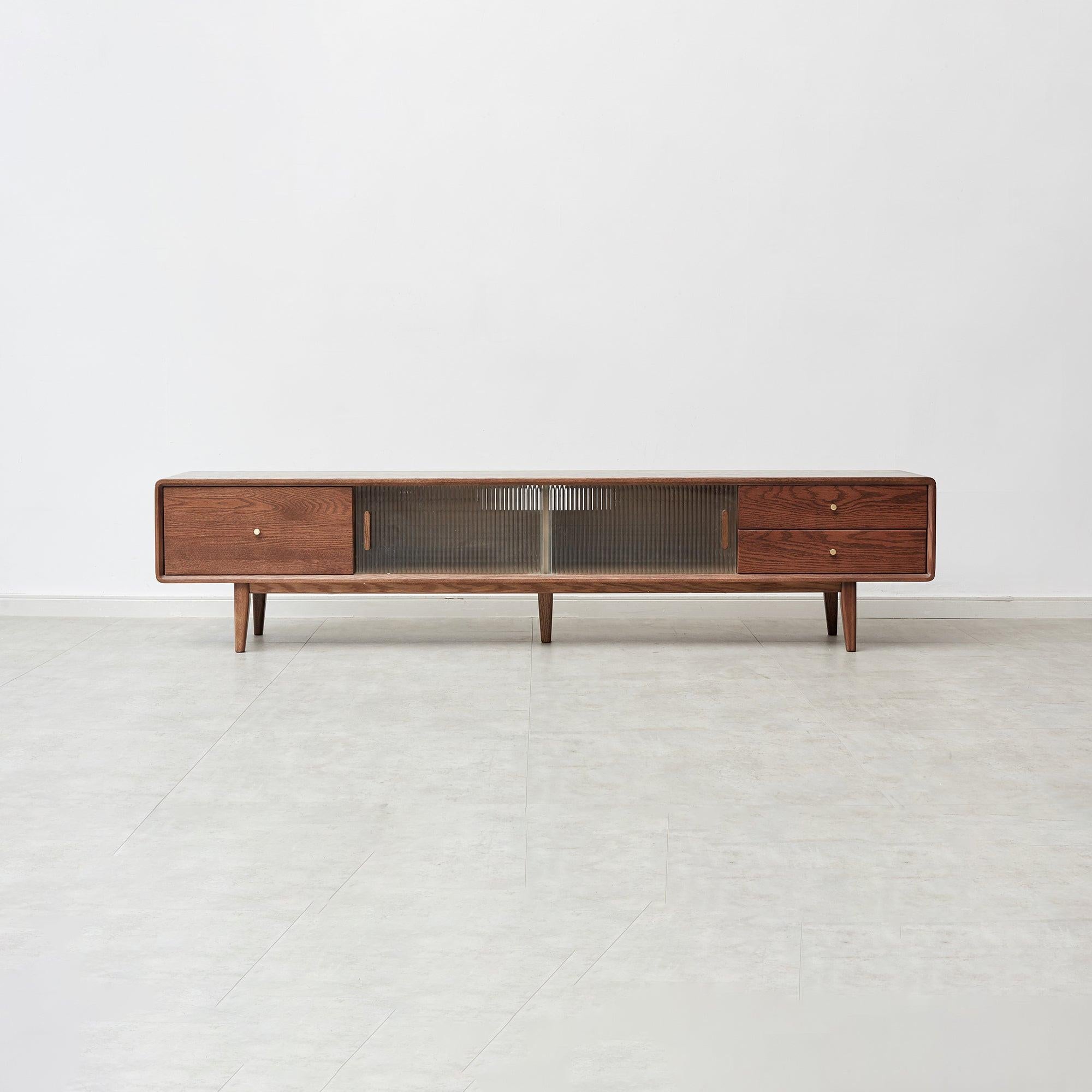 Solid Red Oak TV Cabinet with Glass Doors and Storage.
