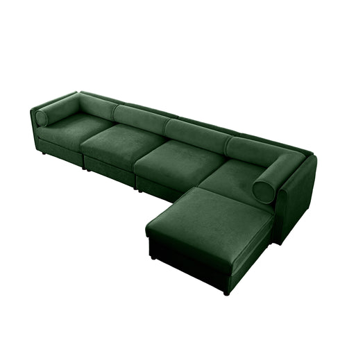 Four-seat L-shaped sectional sofa in green chenille, featuring deep seats, storage, and cylindrical back/arm cushions.