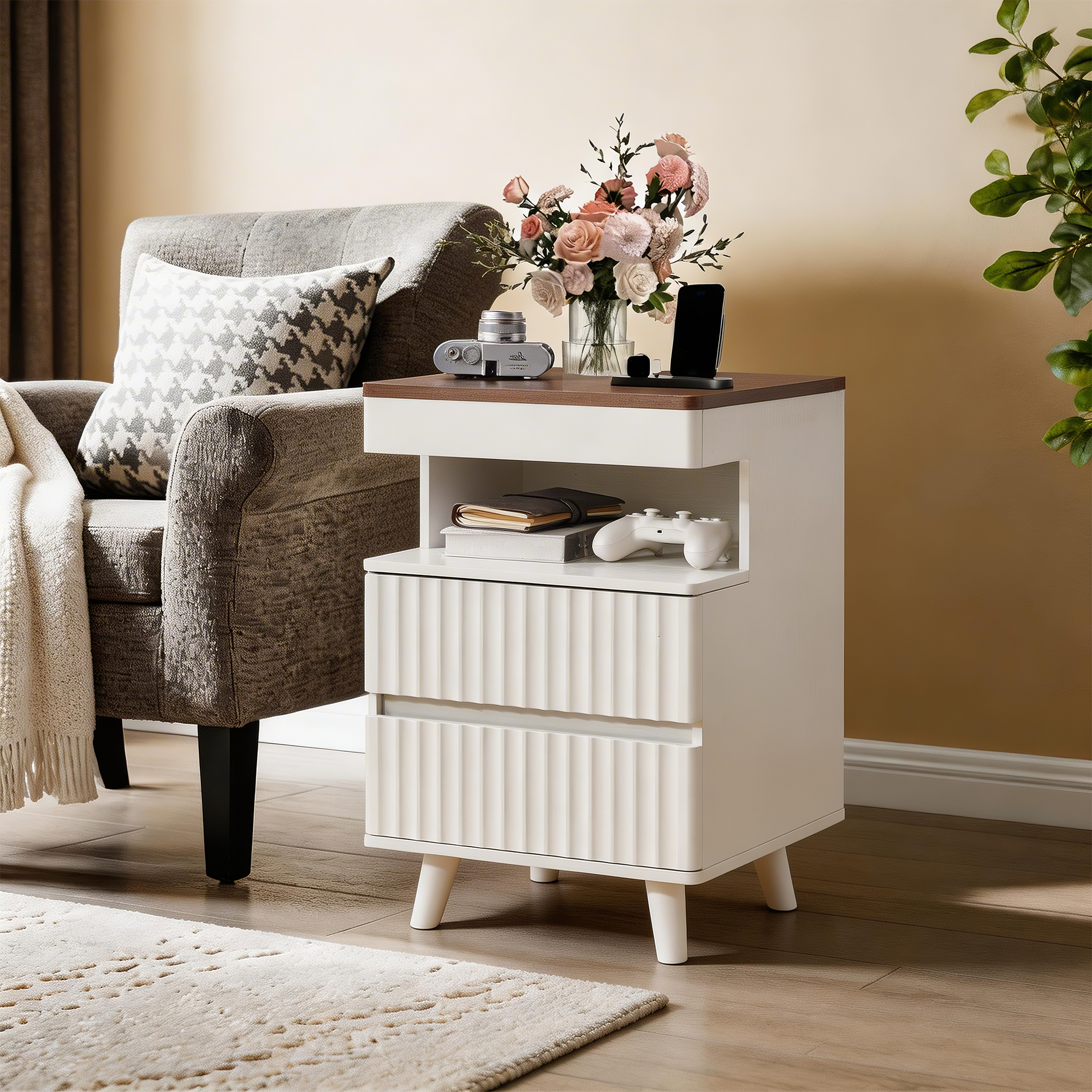 Modern White Nightstand with Hidden Gun Drawer and Charging Station