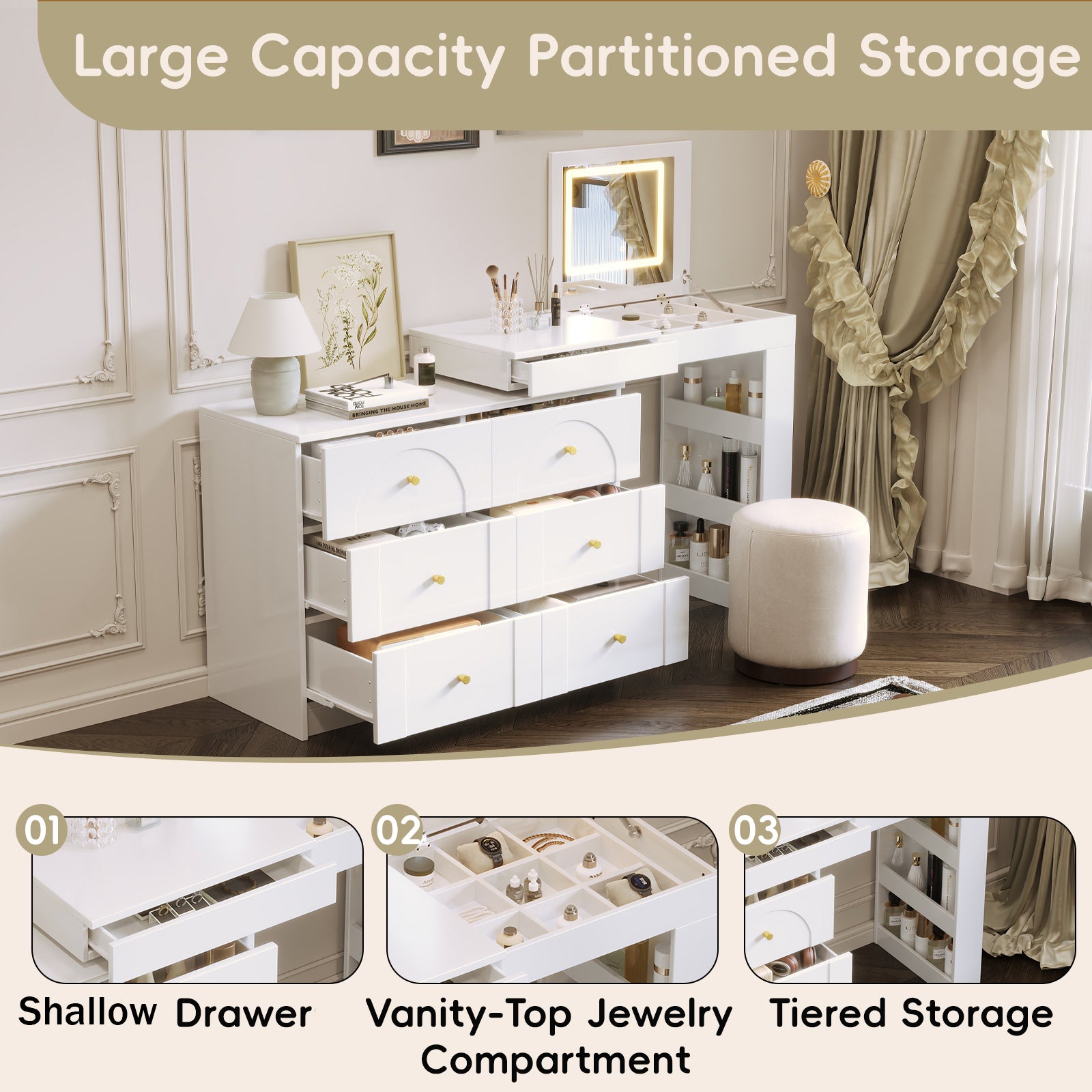 Vanity desk with large capacity partitioned storage, including shallow drawers, jewelry compartments, and tiered shelving.