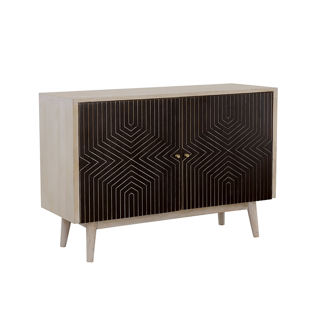 Mid-century modern accent cabinet with a white-washed wood frame and two black doors featuring a gold geometric pattern.