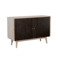Mid-century modern accent cabinet with a white-washed wood frame and two black doors featuring a gold geometric pattern.
