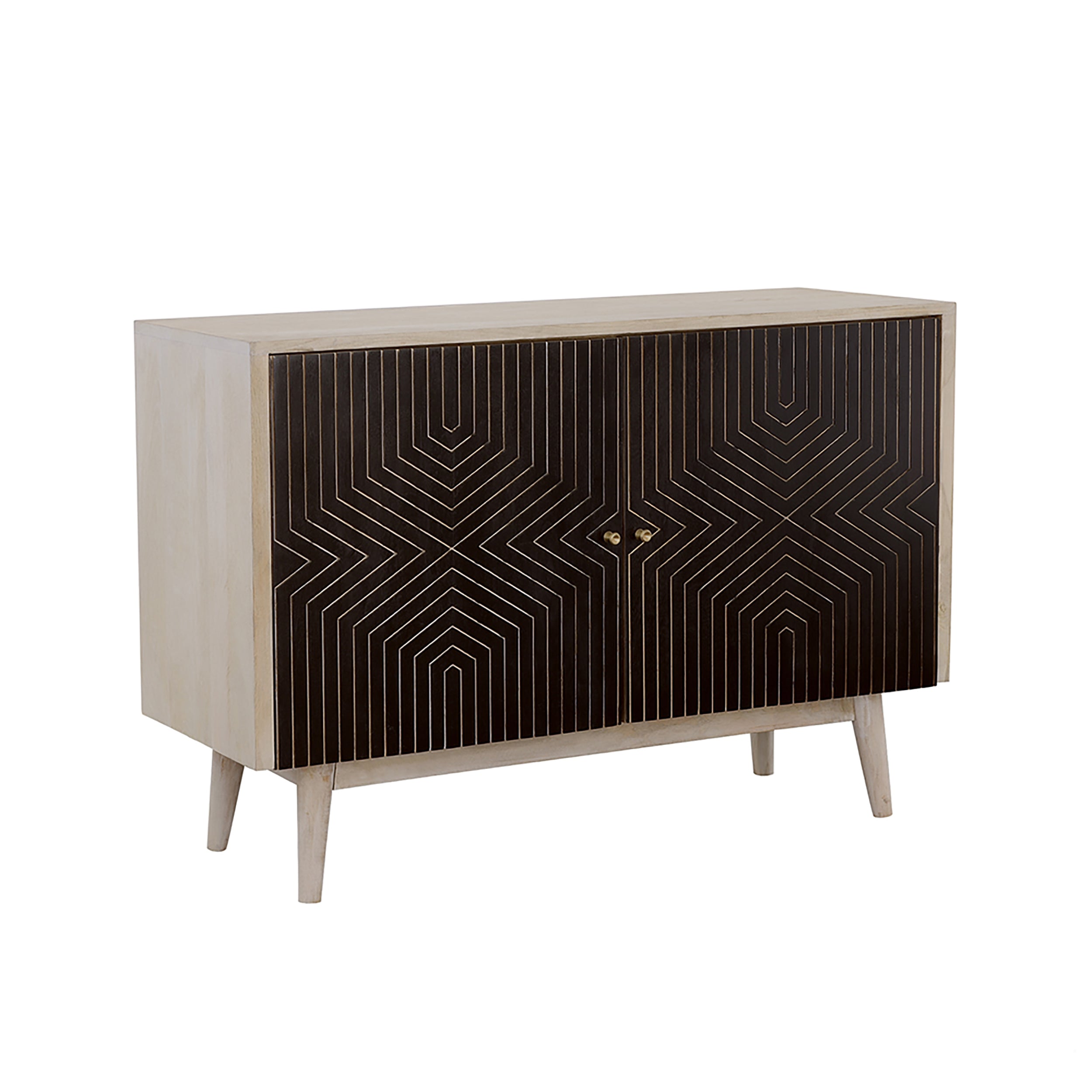 Mid-century modern accent cabinet with a white-washed wood frame and two black doors featuring a gold geometric pattern.
