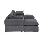 Side profile of the corduroy modular sectional sofa with ottomans. Highlights thick cushions and wide armrest design.
