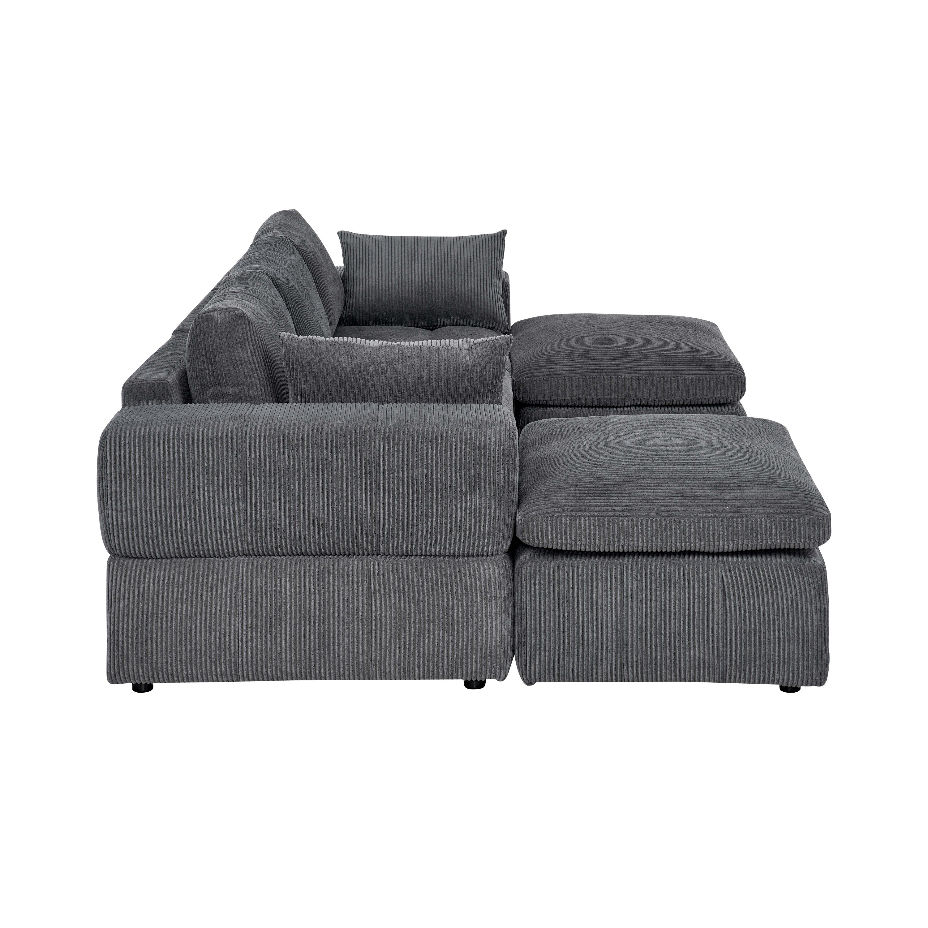 Side profile of the corduroy modular sectional sofa with ottomans. Highlights thick cushions and wide armrest design.