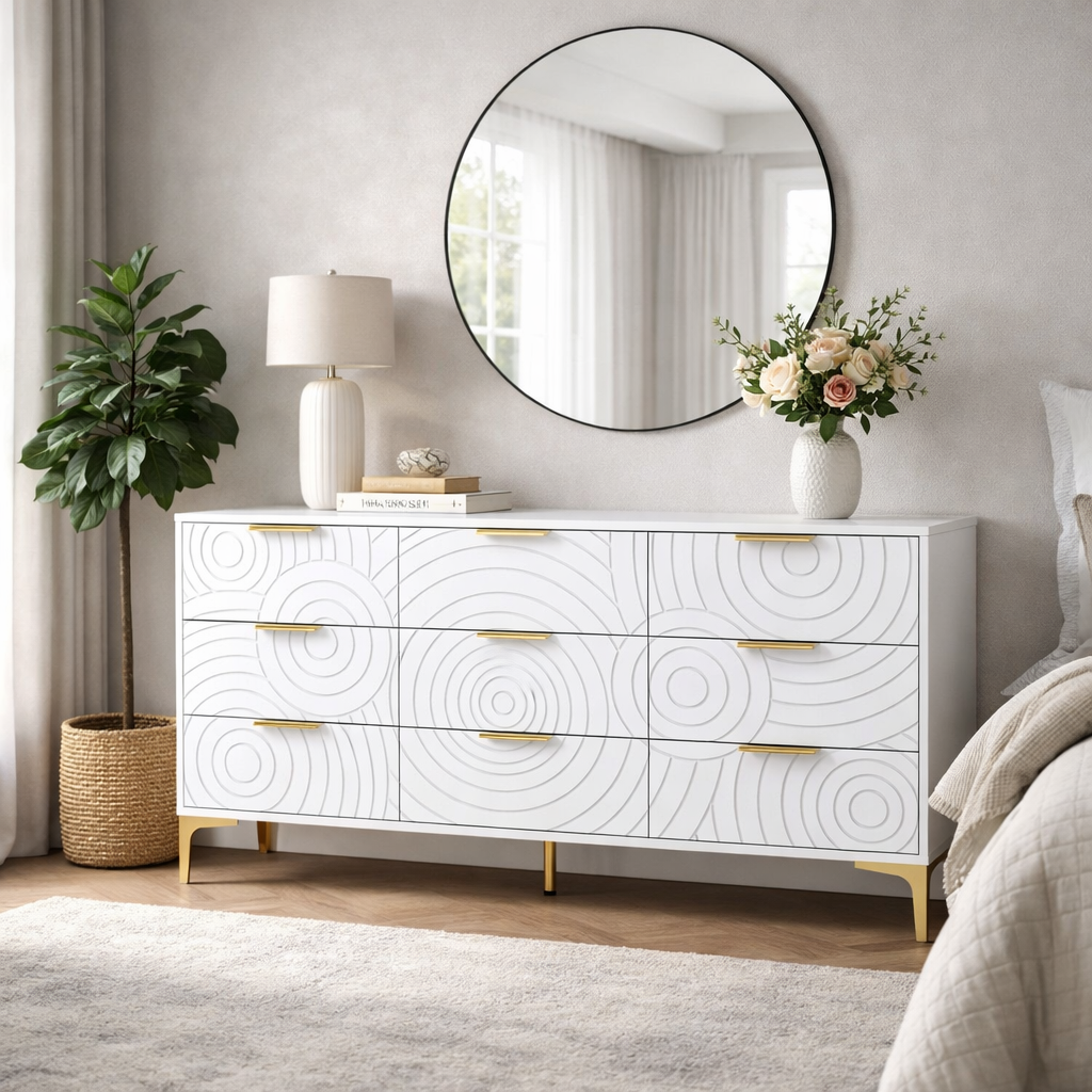 Modern 9-Drawer White Wooden Dresser with Metal Handles