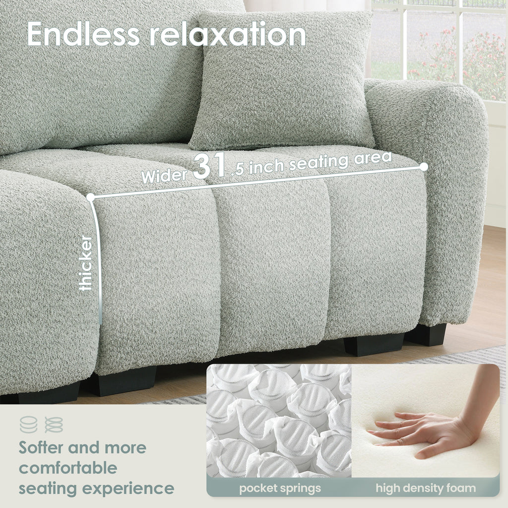 Close-up of modular sectional sofa seat with 31.5-inch wide area, highlighting high-density foam and pocket spring comfort.