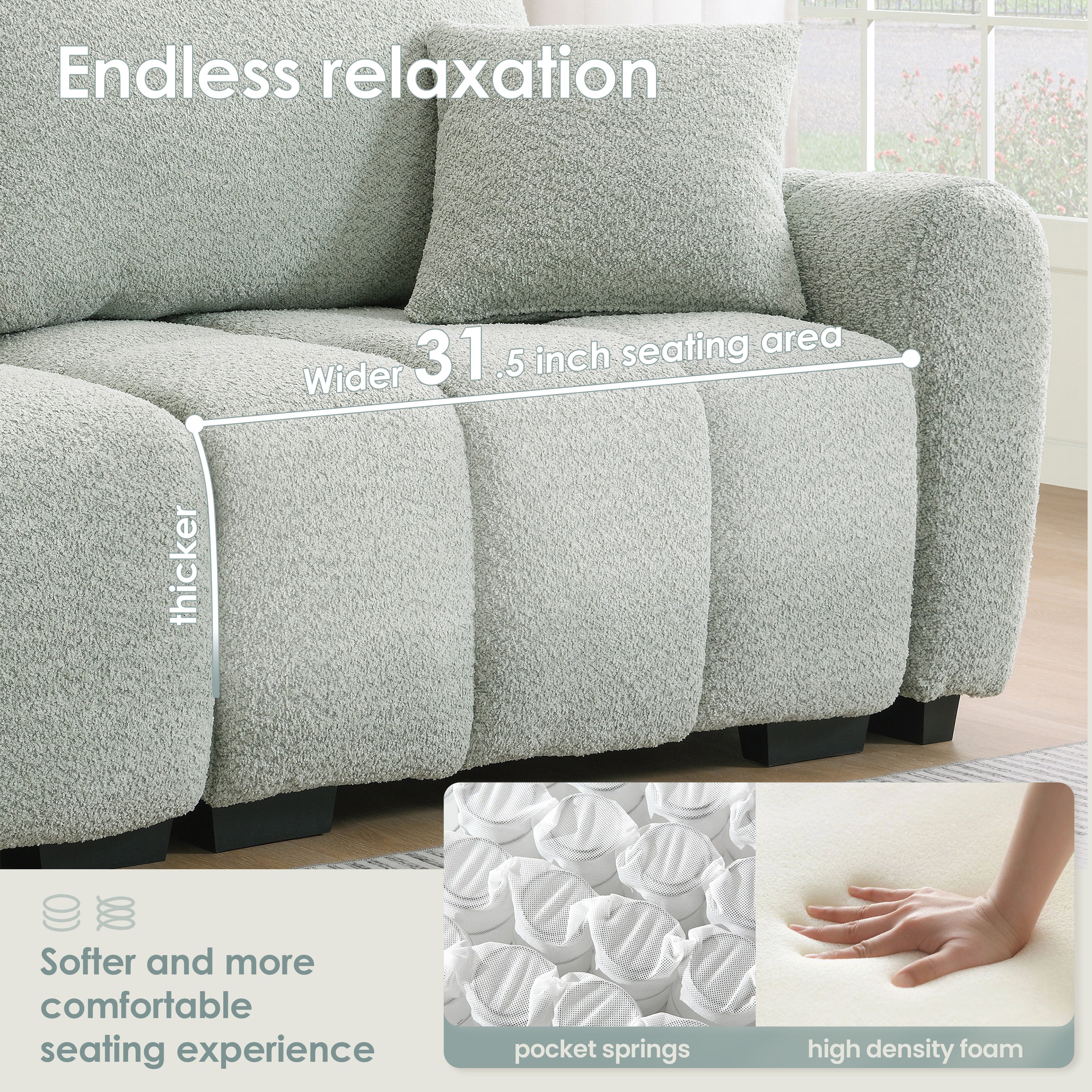 Close-up of modular sectional sofa seat with 31.5-inch wide area, highlighting high-density foam and pocket spring comfort.