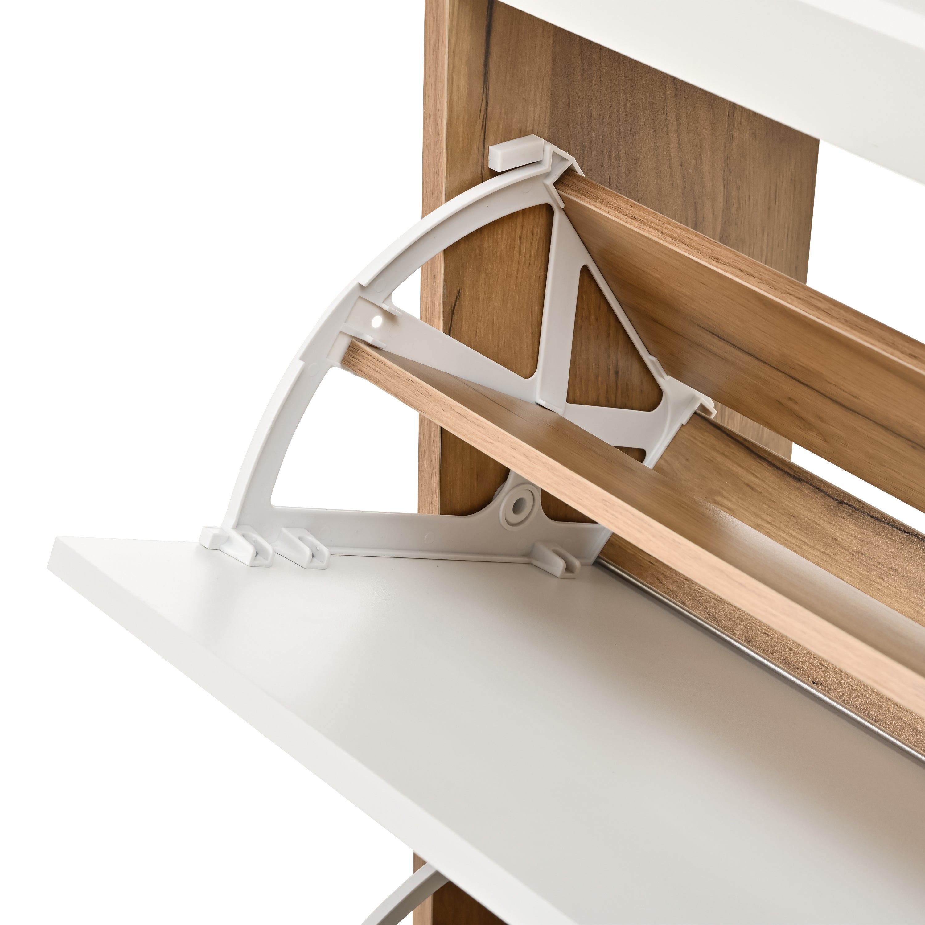 Close-up of tilt-out mechanism in the Sleek White Storage Shoe Cabinet, highlighting durable construction and easy-access shoe compartments.