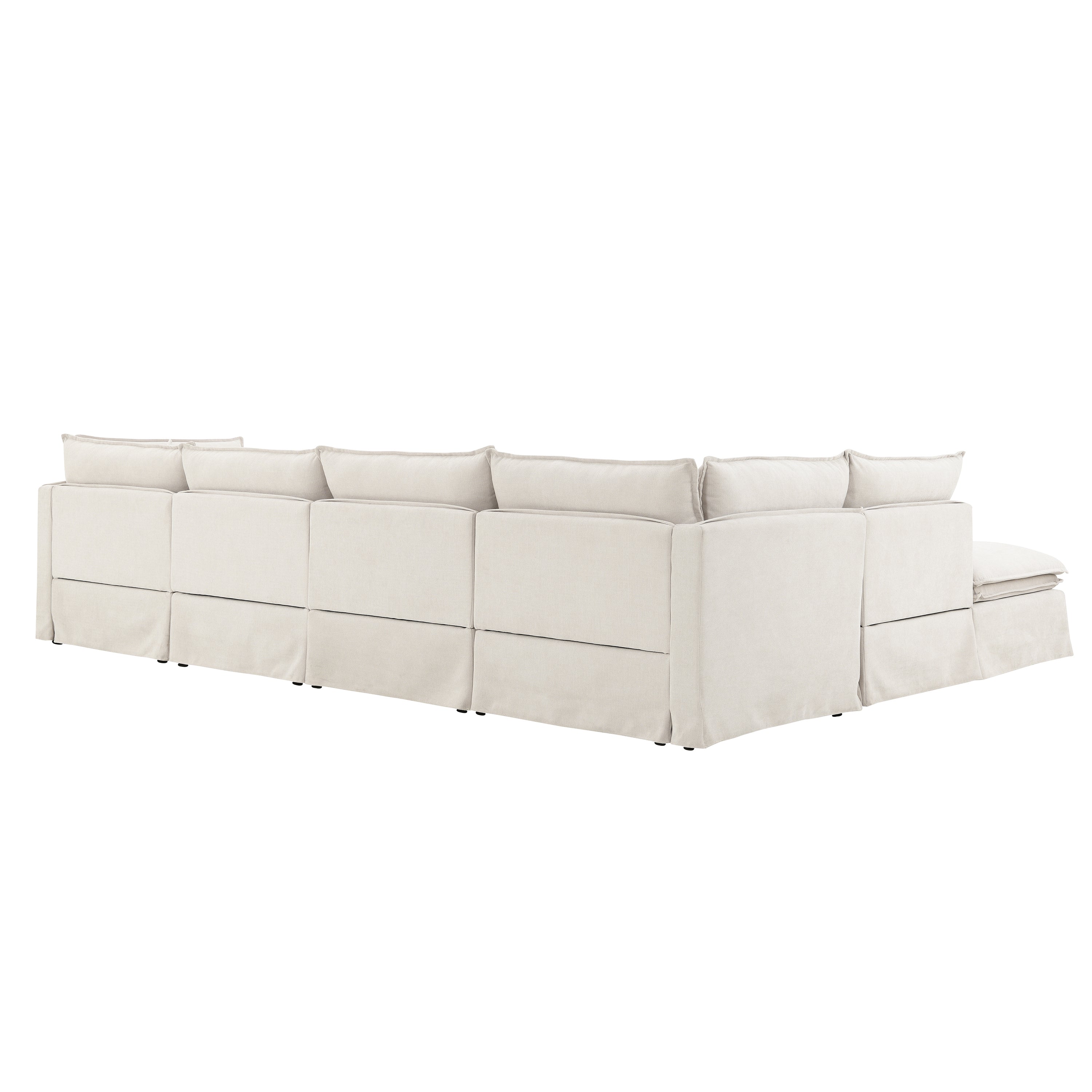 Back view of modular sectional sofa with ottoman in beige, showcasing its spacious and customizable layout for modern living rooms.