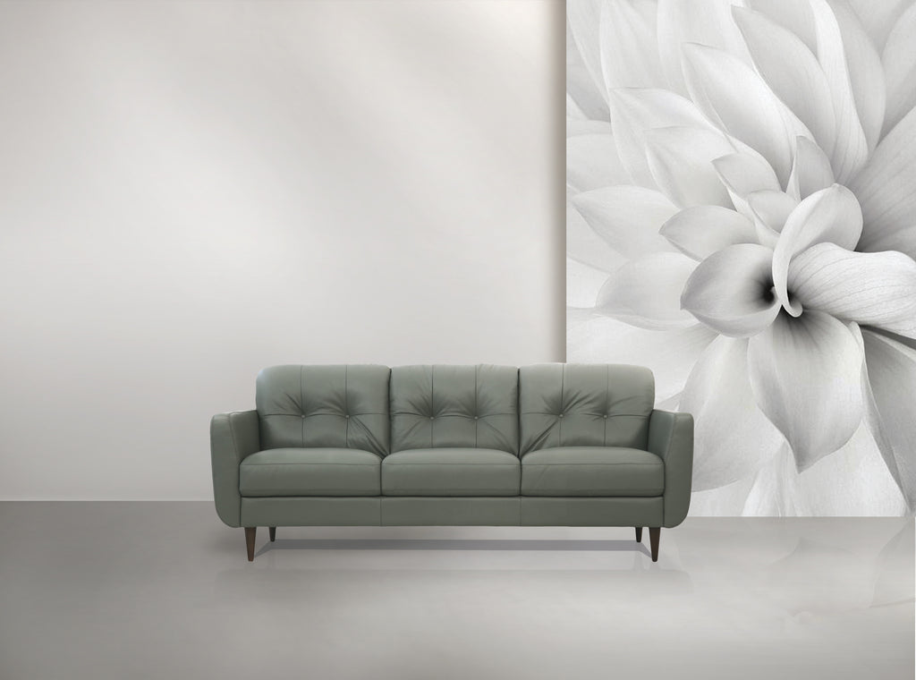 Radwan 83-Inch Pesto Green Leather Sofa with Tapered Walnut Legs