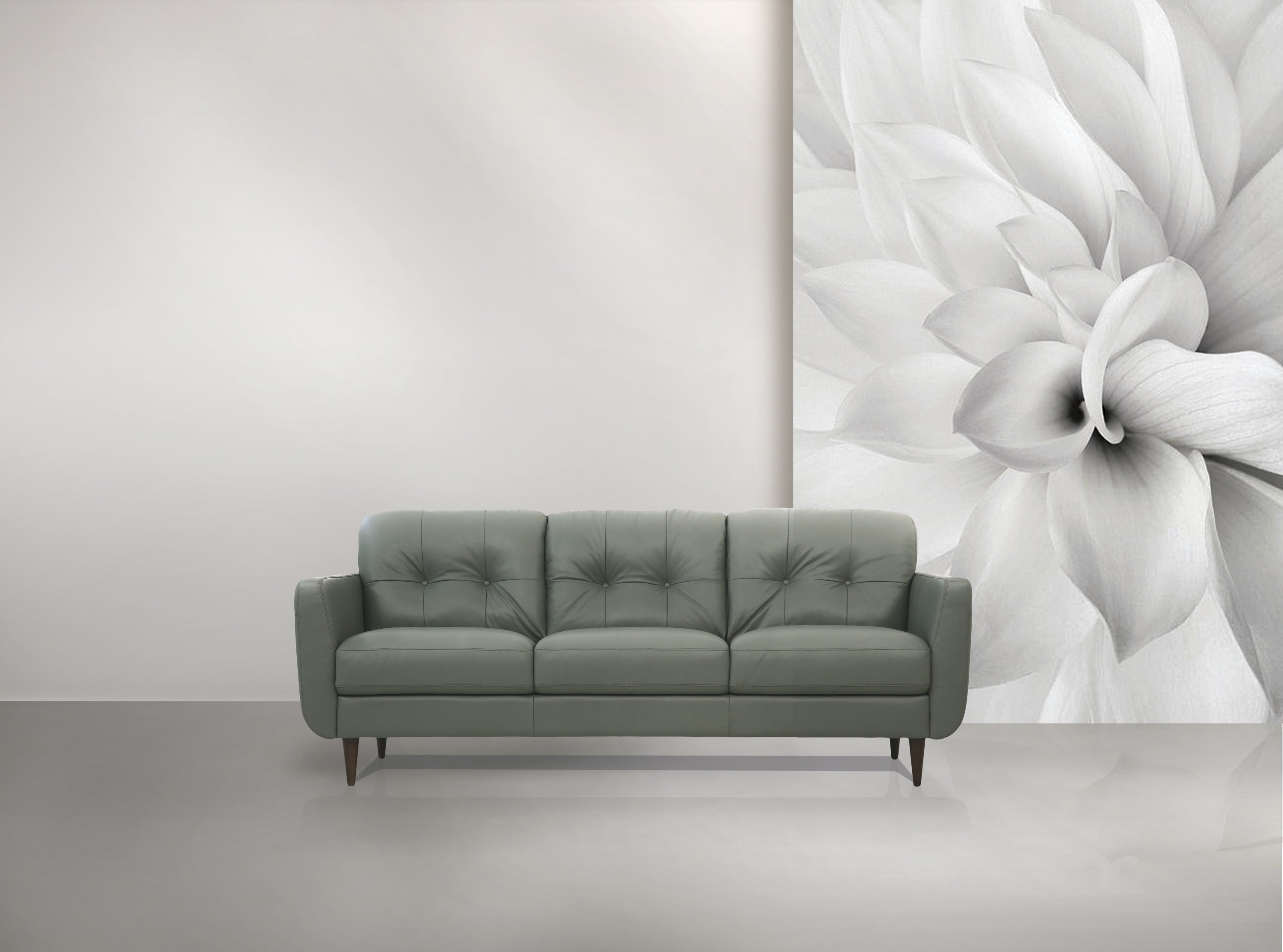Radwan 83-Inch Pesto Green Leather Sofa with Tapered Walnut Legs