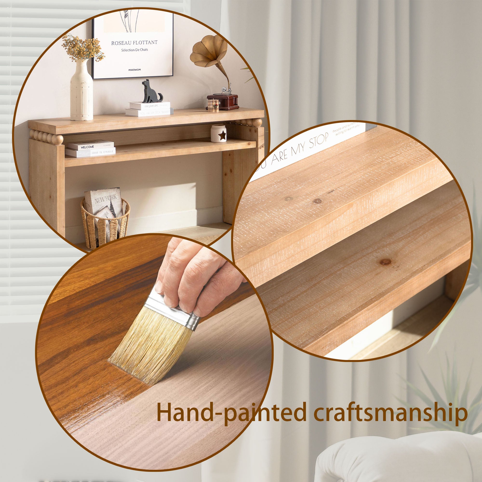 Hand-painted craftsmanship of rustic console table shown with brush and wood surface, emphasizing artisanal quality.